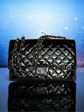 💞CHANEL Classic Maxi Single Flap Patent Leather • BLACK • Silver-Tone Hardware